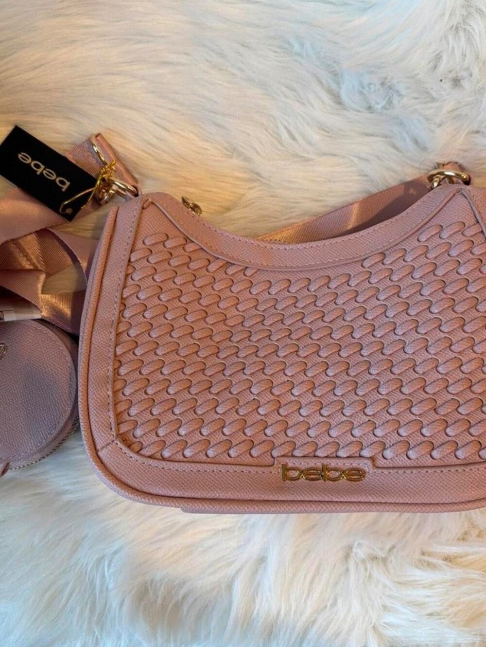 Bebe Rose Pink Woven Shoulder Bag with Gold Hardware